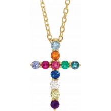 14K Yellow 14.6x10.5 mm .03 CT Multi-Gemstone Cross 16-18 Necklace