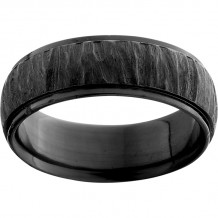Black Zirconium Domed Band with Grooved Edges and Black Bark Finish
