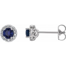 14K White 4 mm Round Blue Sapphire & 1/8 Diamond Earrings