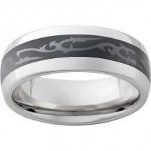 Serinium Domed Band with Black CeramicInlay and Scroll Laser Engraving