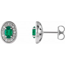 14K White Emerald & 1/8 CTW Diamond Halo-Style Earrings
