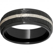 Black Diamond Ceramic Domed Grooved Edge Band with a 2mm Sterling Silver Inlay and Moon Finish