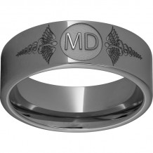 Rugged Tungsten  Pipe Cut Band with Laser Engraving of Caduceus & Medical Doctor Initials