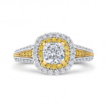 Shah Luxury 14K Two Tone Gold Cushion Cut Diamond Double Halo Engagement Ring with Split Shank (Semi-Mount)