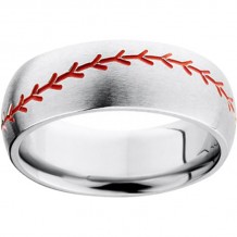 Serinium Domed Band with Milled Baseball stitch and Red Enamel Inlay