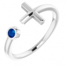 14K White Blue Sapphire Negative Space Cross Ring