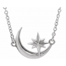 14K White Crescent Moon & Star 16-18 Necklace