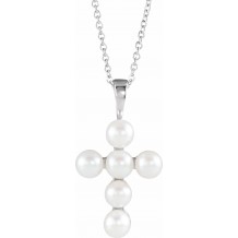 14K White Freshwater Cultured Pearl Cross 16-18 Necklace
