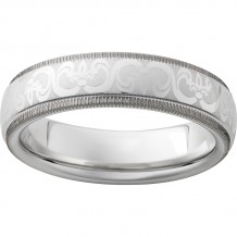 Serinium Domed Grooved Edge Band with Fleur De Lis Laser Engraving and Milgrain Edge