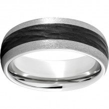 Serinium Domed Band with Bark Finish Black CeramicInlay and Stone Finish Edges