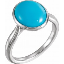 14K White 12x10 mm Oval Cabochon Turquoise Ring
