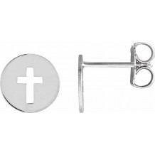 14K White 8 mm Pierced Cross Disc Earrings