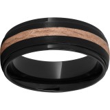 Black Diamond Ceramic Domed Grooved Edge Band with a 2mm 14K Rose Gold Bark Finish Inlay and Stone Finish photo