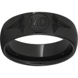 Black Diamond Ceramic Domed Band with Laser Engraving of Caduceus & Medical Doctor Initials photo