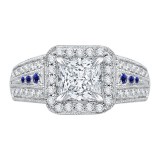 Shah Luxury 14K White Gold Princess Diamond and Sapphire Halo Engagement Ring (Semi-Mount) photo