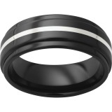 Black Diamond Ceramic Flat Band with Grooved Edges and a 1mm Sterling Silver Inlay photo