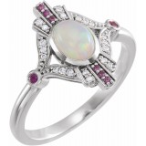 14K White Cabochon Ethiopian Opal, Pink Sapphire & .06 CTW Diamond Ring photo