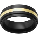 Black Diamond Ceramic Flat Band with Grooved Edges and 2mm 18k yellow gold Inlay photo