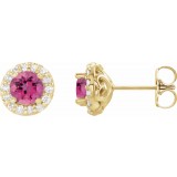 14K Yellow 4.5 mm Round Pink Tourmaline & 1/4 Diamond Earrings photo