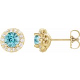 14K Yellow 4 mm Round Blue Zircon & 1/8 Diamond Earrings photo