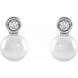 14K White Akoya Cultured Pearl & 1/8 CTW Diamond Bezel-Set Earrings photo 2
