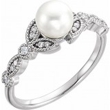 14K White Freshwater Pearl & 1/8 CTW Diamond Leaf Ring photo
