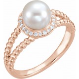 14K Rose Freshwater Cultured Pearl & .08 CTW Diamond Halo-Style Beaded Ring photo