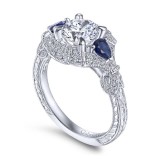 Gabriel & Co. 14k White Gold Art Deco 3 Stone Diamond & Gemstone Halo Engagement Ring photo 3