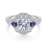 Gabriel & Co. 14k White Gold Art Deco 3 Stone Diamond & Gemstone Halo Engagement Ring photo