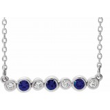 14K White Blue Sapphire & .08 CTW Diamond Bezel-Set Bar 16-18 Necklace photo