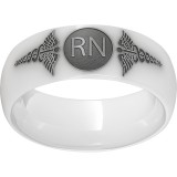 White Diamond Ceramic Domed Band with Laser Engraving of Caduceus & Registered Nurse Initials photo