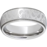 Serinium Domed Grooved Edge Band with Fleur De Lis Laser Engraving and Milgrain Edge photo
