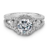18k White Gold Three Stone Halo Diamond Engagement Ring photo