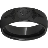 Black Diamond Ceramic Domed Band with Laser Engraving of Caduceus & Nurse Practitioner Initials photo