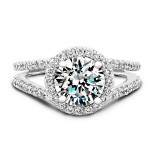 18k White Gold Pave Halo Split Shank Diamond Engagement Ring photo