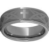 Rugged Tungsten  8mm Flat Grooved Edge Band with Cross Knot Laser Engraving photo