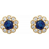 14K Yellow 3.2 mm Round Blue Sapphire & 1/6 CTW Diamond Earrings photo 2