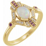 14K Yellow Cabochon Ethiopian Opal, Pink Sapphire & .06 CTW Diamond Ring photo