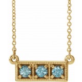 14K Yellow Blue Zircon Three-Stone Granulated Bar 16-18 Necklace photo