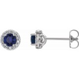 14K White 4 mm Round Blue Sapphire & 1/8 Diamond Earrings photo