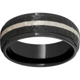 Black Diamond Ceramic Domed Grooved Edge Band with a 2mm Sterling Silver Inlay and Moon Finish photo