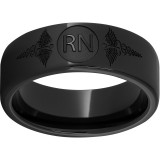 Black Diamond Ceramic Pipe Cut Band with Laser Engraving of Caduceus & Registered Nurse Initials photo