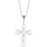 14K White Freshwater Cultured Pearl Cross 16-18 Necklace photo