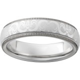 Serinium Domed Grooved Edge Band with Fleur De Lis Laser Engraving and Milgrain Edge photo